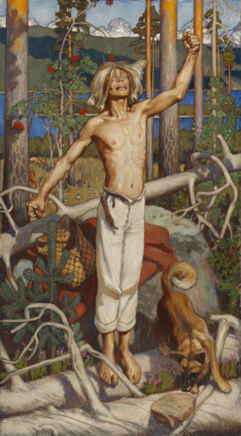A painting by Akseli Gallen-Kallela, Kullervo Cursing, depicts a shirtless young man standing barefoot in a forest, raising one clenched fist upward, with a dog at his feet.