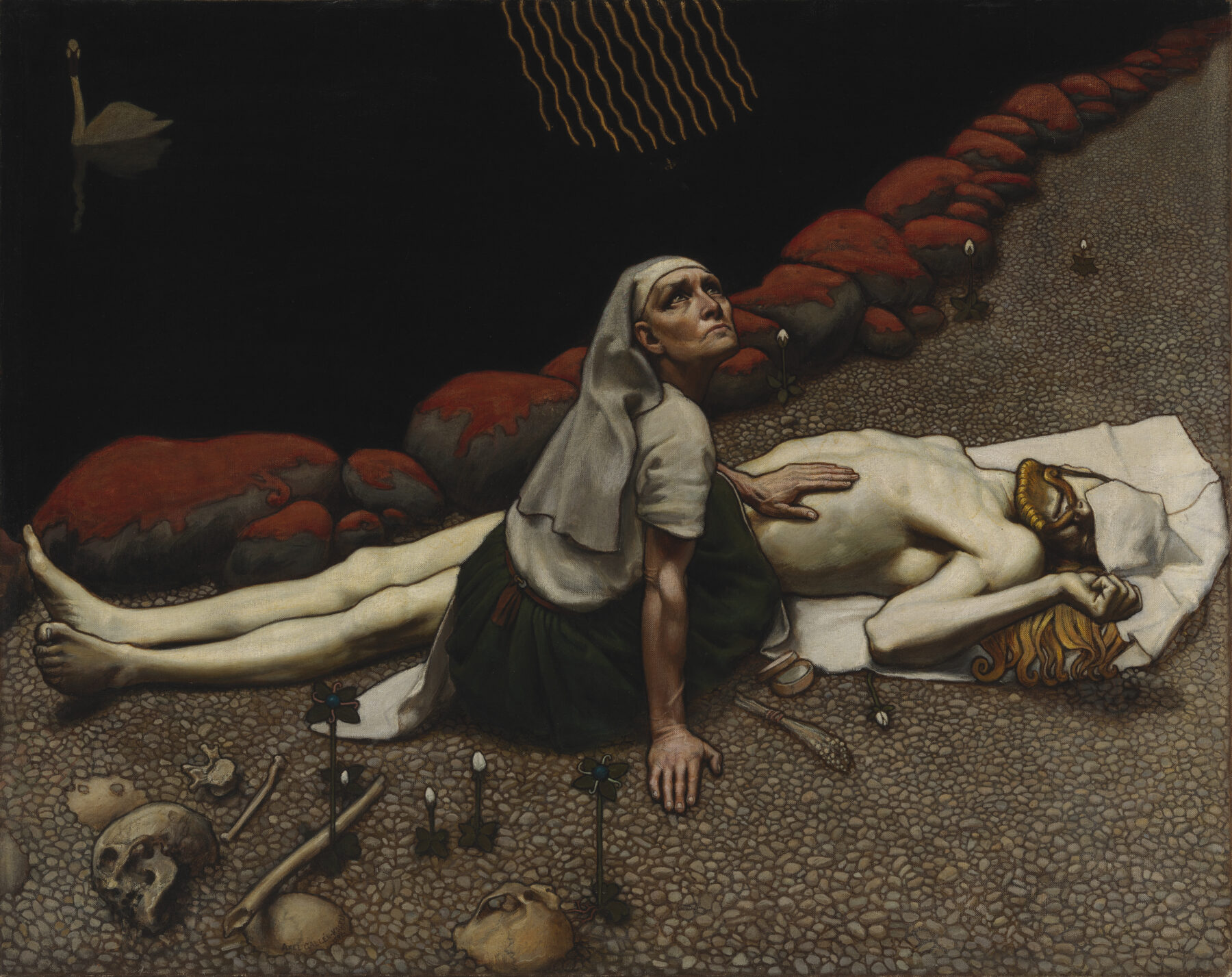 A painting by Akseli Gallen-Kallela depicts an older woman, Lemminkäinen’s mother, kneeling beside her grown son’s pale body on a riverbank, with dark water, red rocks and scattered bones nearby.