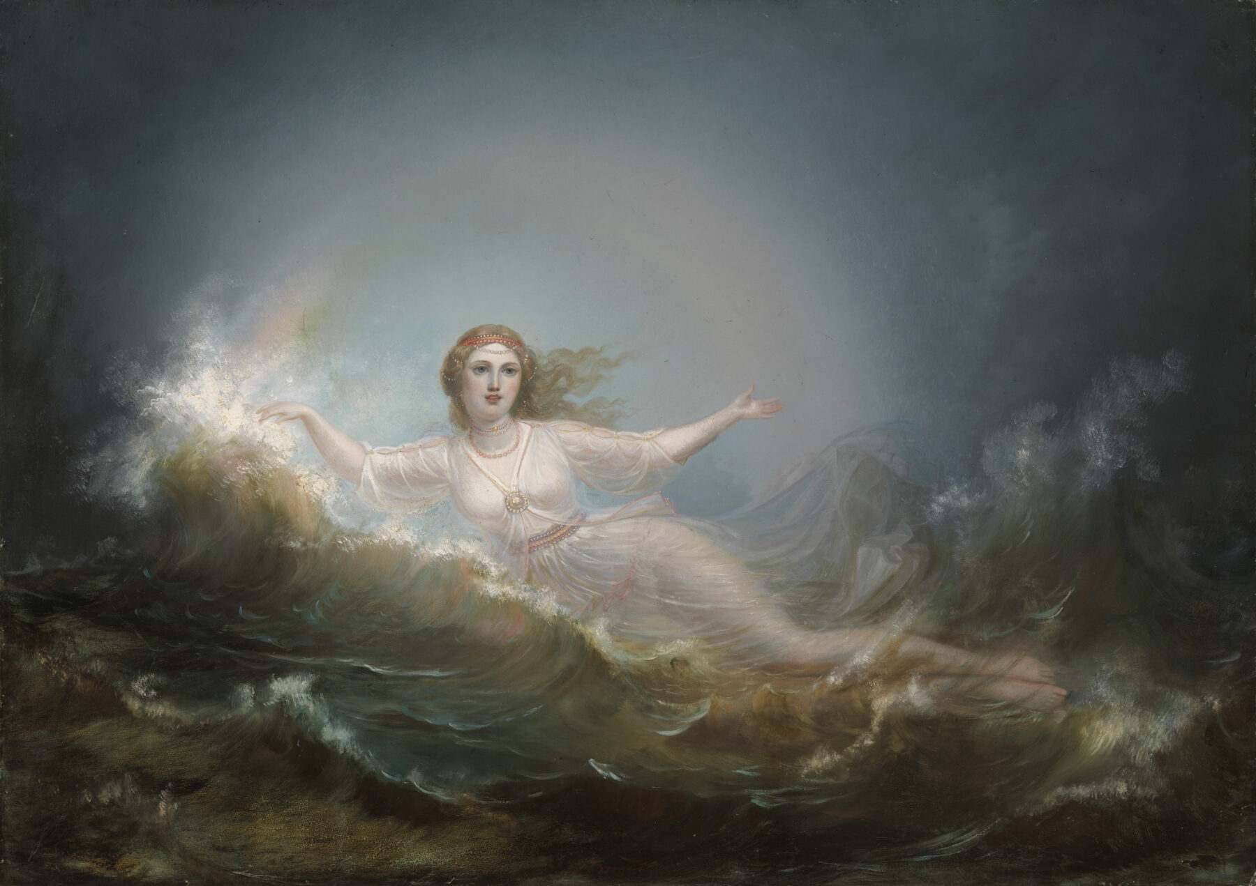 A painting by Wilhelm Ekman depicts Ilmatar as a luminous female figure in a flowing white dress floating across dark, swirling ocean waves with her arms outstretched.