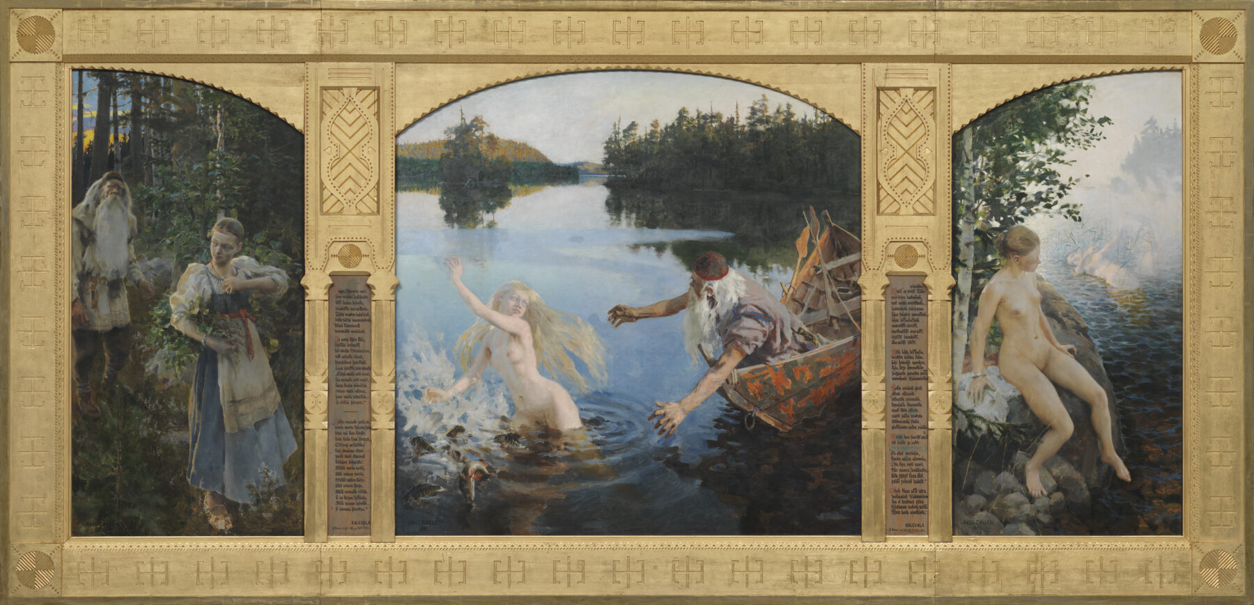 Akseli Gallen-Kallela’s Aino Myth is a three-panel artwork showing a forest courtship, a woman diving into a lake pursued by an older man in a boat and her nude form sitting on lakeside rocks.