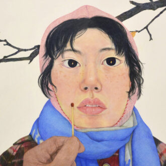 A drawing shows a woman's face, framed by a pink hood and blue scarf, in front of a tree branch. A hand holds up an unlit match in front of the face.
