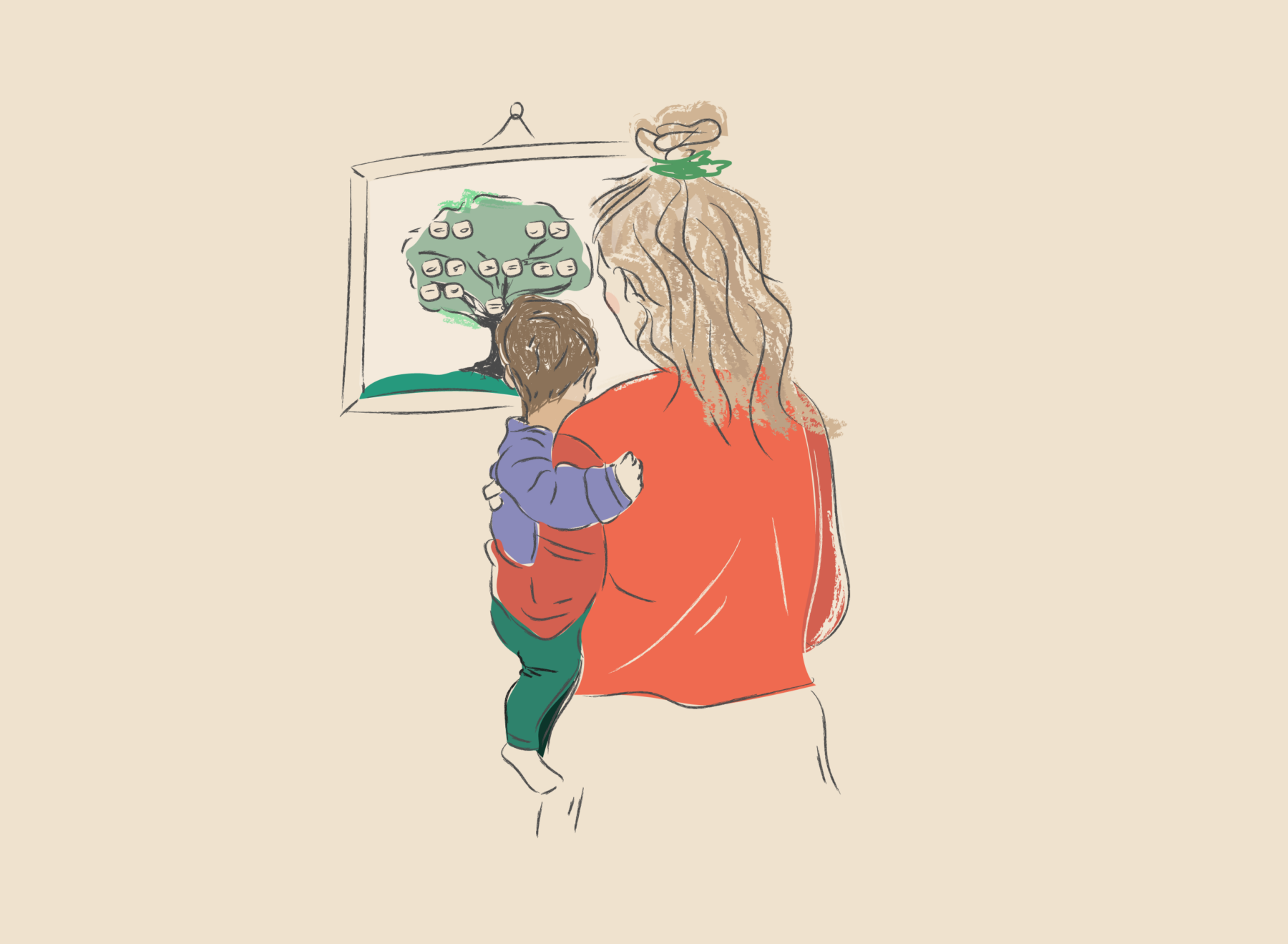 An illustration depicts an adult holding a child looking at a framed picture of a tree covered with small notes bearing names.