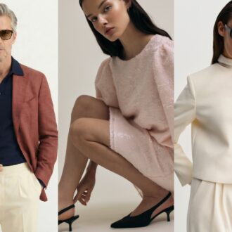 Three photos side by side show people in fashionable clothing: A man in a rust-coloured blazer and a dark polo shirt, a woman in a pink dress and black heels and a woman in a white blazer and trousers.