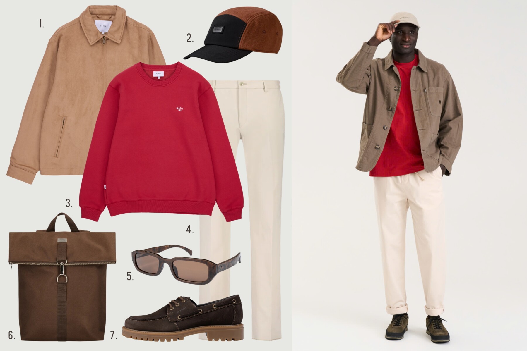 A collage shows a tan jacket, red sweatshirt, cream trousers, two-tone cap, brown backpack, sunglasses and dark shoes, alongside a model wearing a similar outfit.