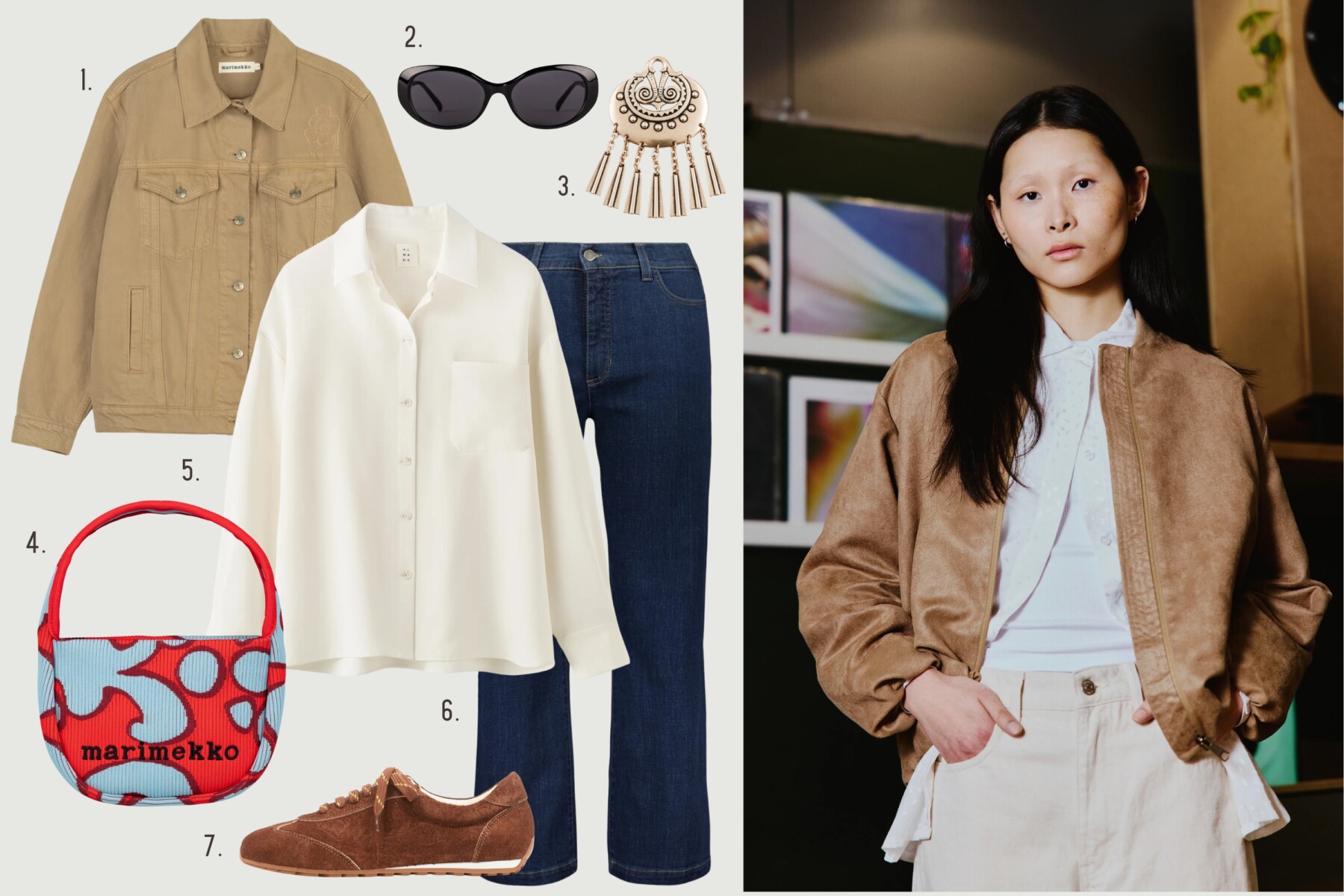 A collage shows a beige jacket, black sunglasses, decorative brooch, white shirt, blue jeans, red patterned handbag and brown sneakers, alongside a photo of a model wearing a tan jacket and light trousers.