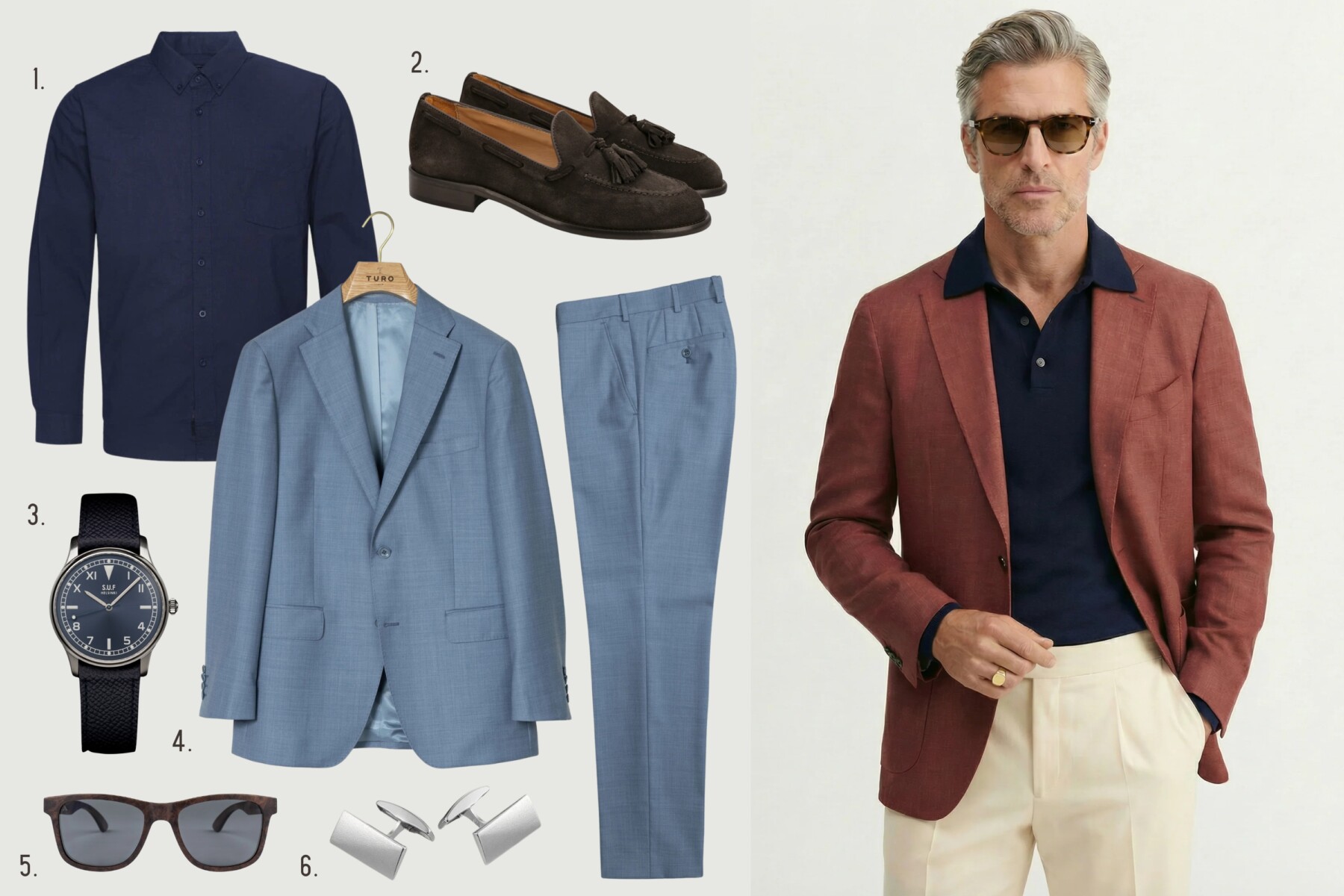 A collage shows a navy shirt, light blue suit, brown loafers, wristwatch, sunglasses and cufflinks, alongside a model wearing a rust-coloured blazer, dark polo shirt and cream trousers.