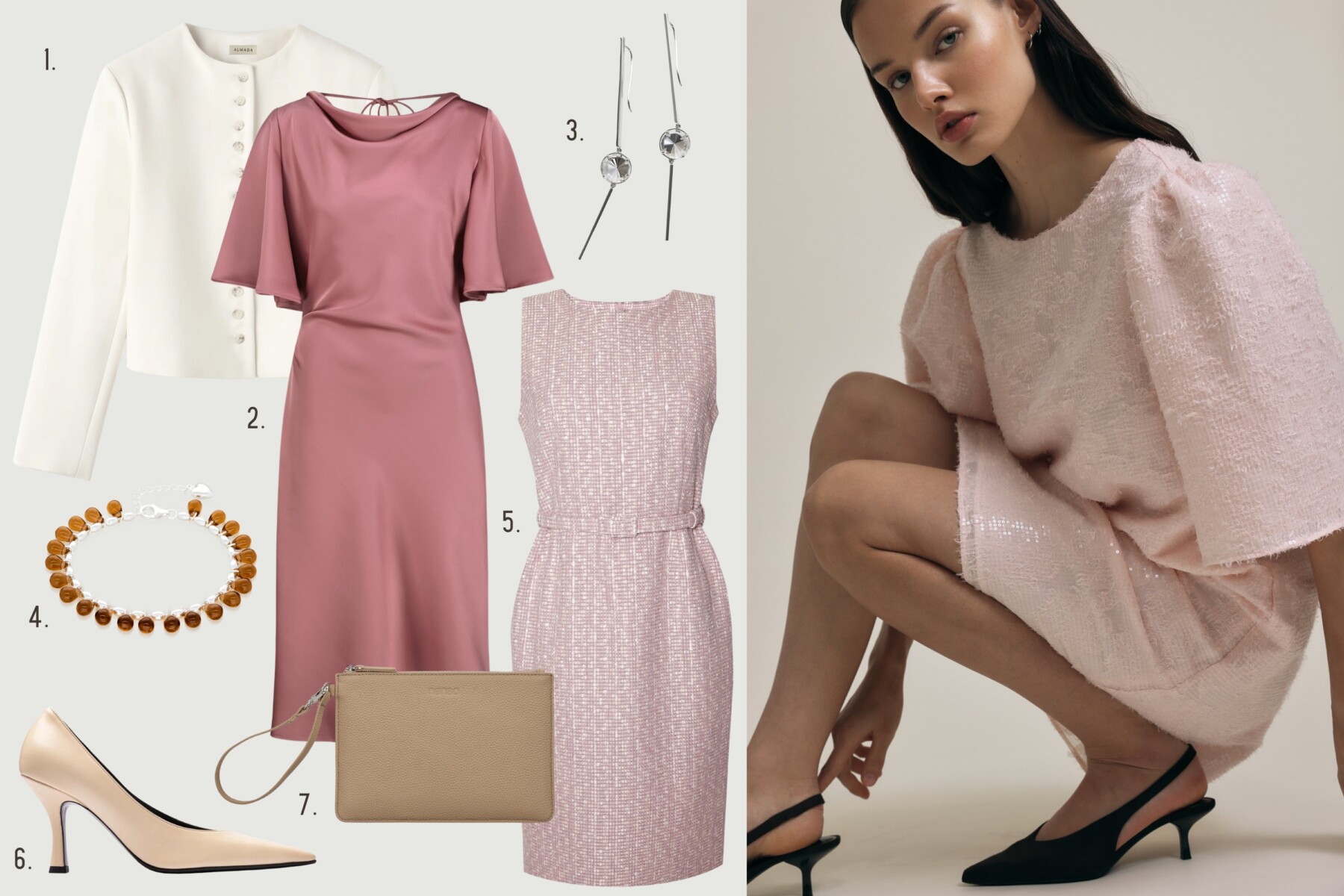 A collage shows pastel-toned womenswear, including a pink dress, cream blazer, textured sleeveless dress, jewellery, clutch bag and beige heels, alongside a model wearing a textured pink dress and black heels.