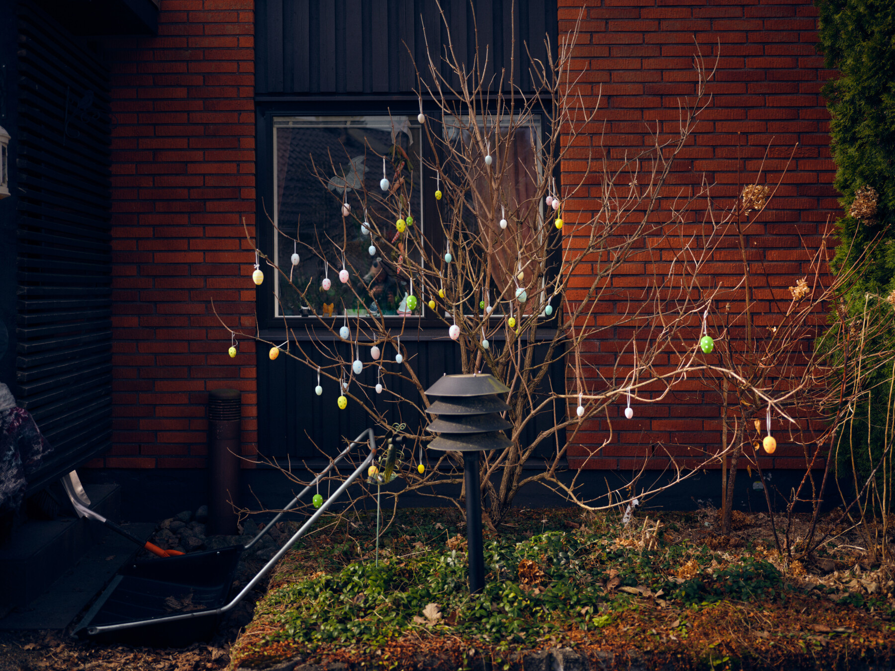 A small leafless tree outside a brick house in Finland is decorated with colourful Easter eggs hanging from its branches.