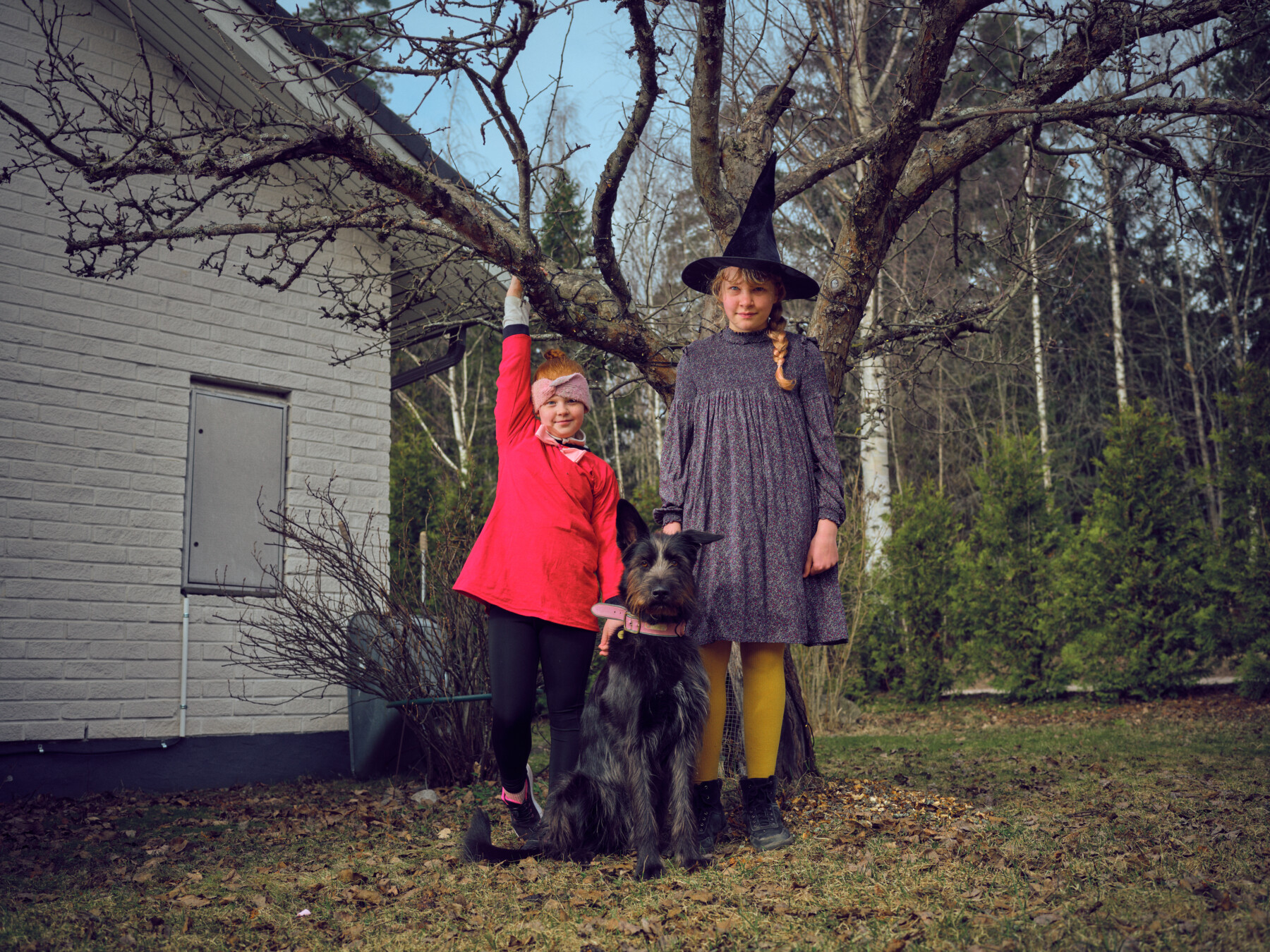 Two children pose in a yard with a dog, one wearing a black witch’s hat and patterned dress, the other in a bright red top.
