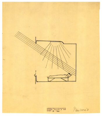 A cross-sectional drawing of a patient room window designed by Alvar Aalto for Paimio Sanatorium shows multiple lines representing incoming daylight directed across the room towards a reclining patient on a bed.