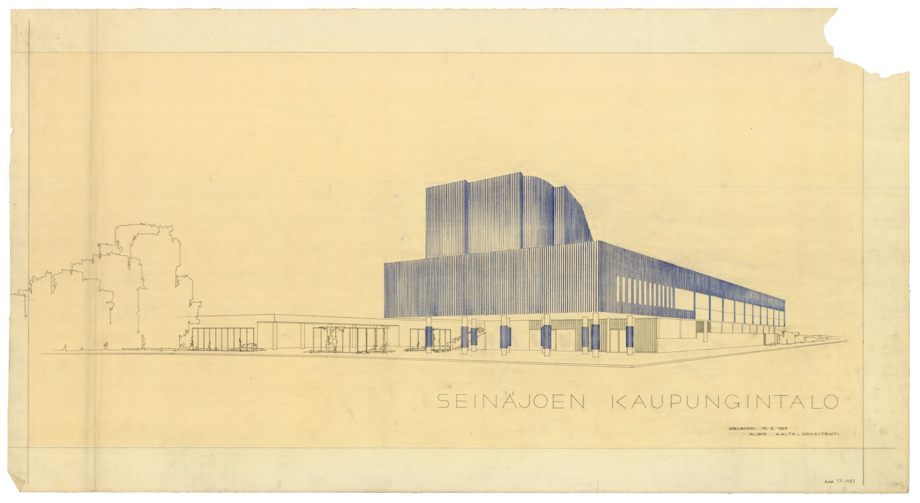 An architectural drawing shows Alvar Aalto’s Seinäjoki Town Hall in Finland, with a tall central structure, vertical façade lines and a long horizontal building extension.