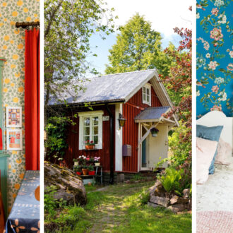 A three-photo collage shows a red wooden Finnish cottage surrounded by greenery, alongside interiors with colourful floral wallpaper, vintage furniture and retro kitchenware.
