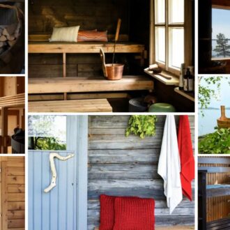 A photo collage of traditional Finnish lakeside saunas shows wooden benches, sauna stoves, lakeside views, birch branches and sauna buckets.