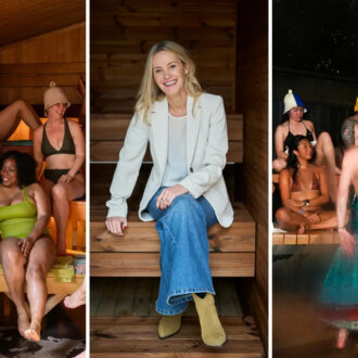 A trio of sauna photos shows people in swimwear chatting inside a wood-panelled sauna on the left, Emma O’Kelly seated in a sauna in the centre, and a woman waving a fan before a group of sauna bathers on the right.