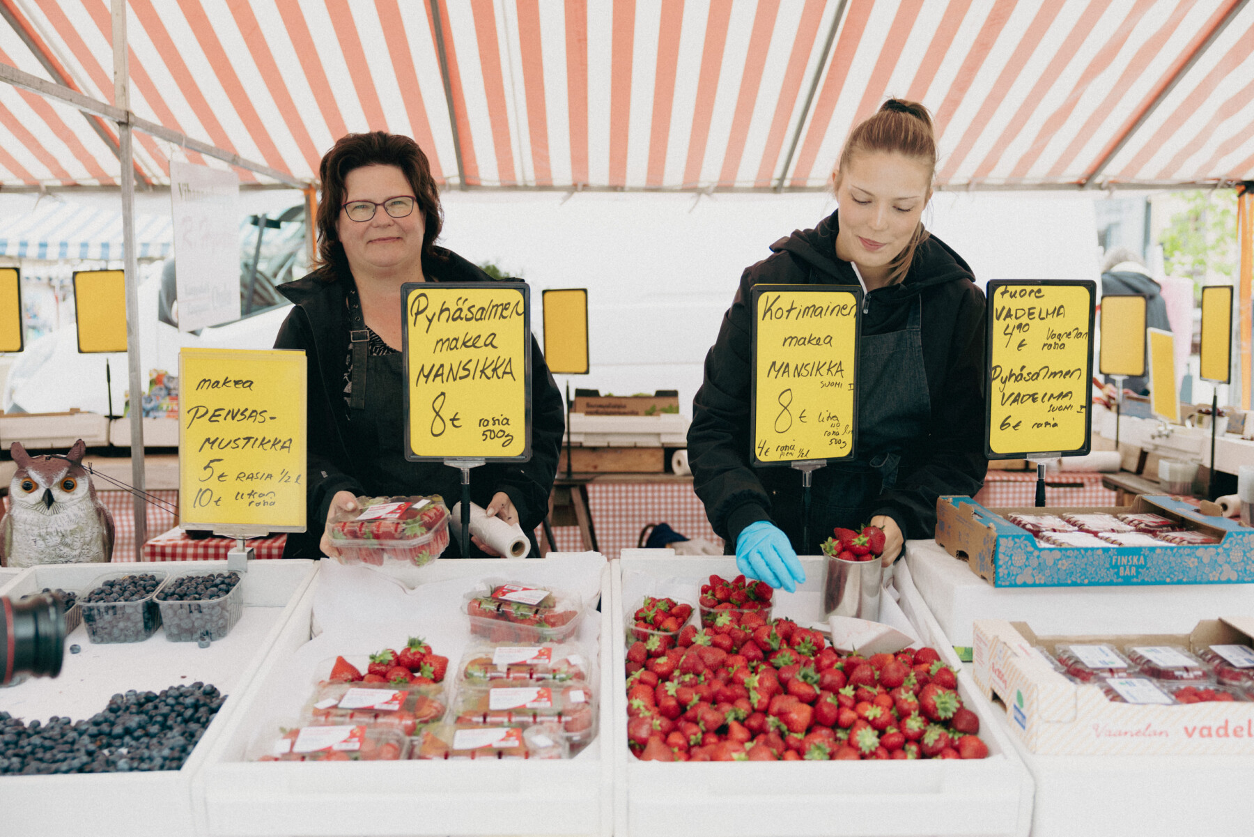 Two women arrange fresh strawberries at a market stall on Oulu’s Market Square, with handwritten price signs and trays of berries displayed across the counter.