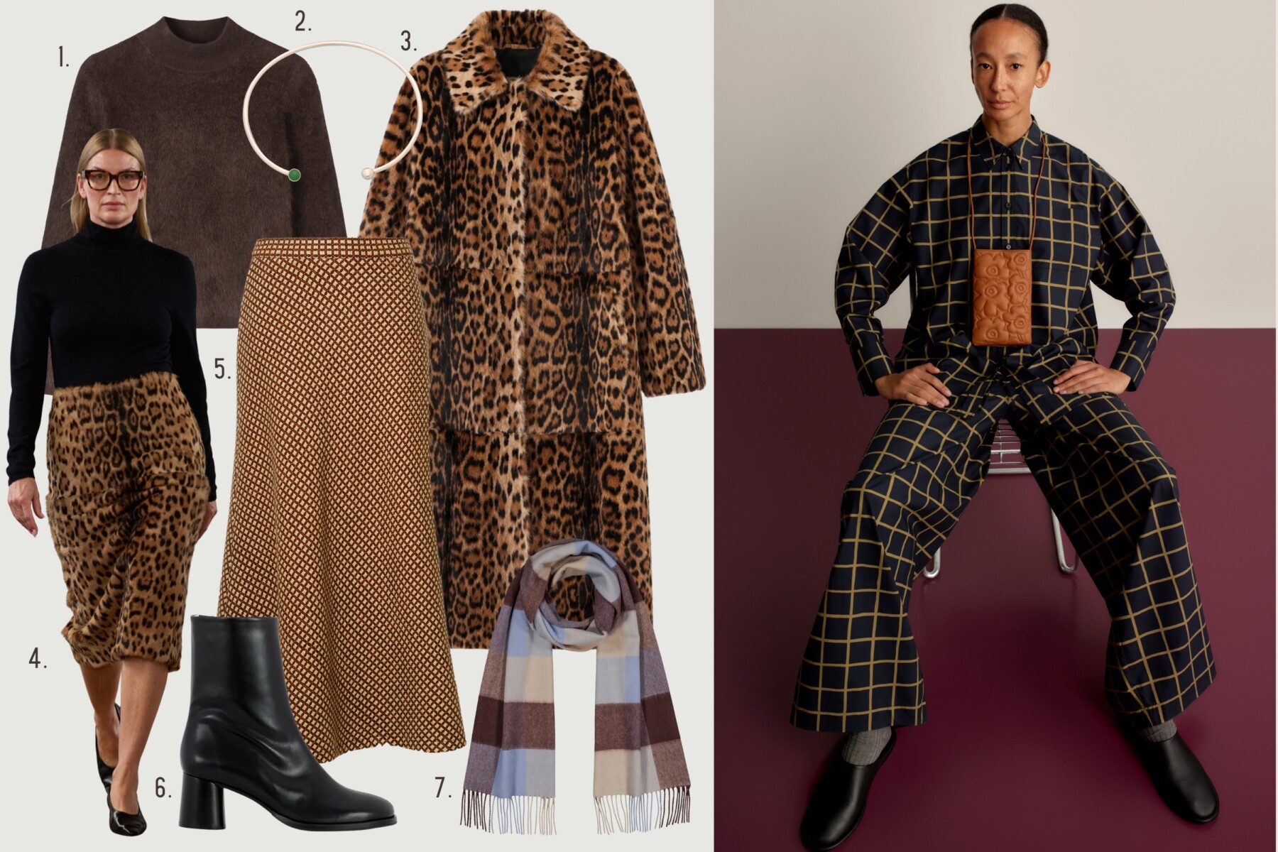 Eine Collage zeigt einen braunen Pullover, einen Mantel und einen Rock mit Leopardenmuster, einen langen gemusterten Rock, schwarze Stiefeletten mit Absatz, einen dezenten karierten Schal und eine kleine Halskette neben einem Model in einem passenden dunkelblau-olivgrün karierten Outfit.
