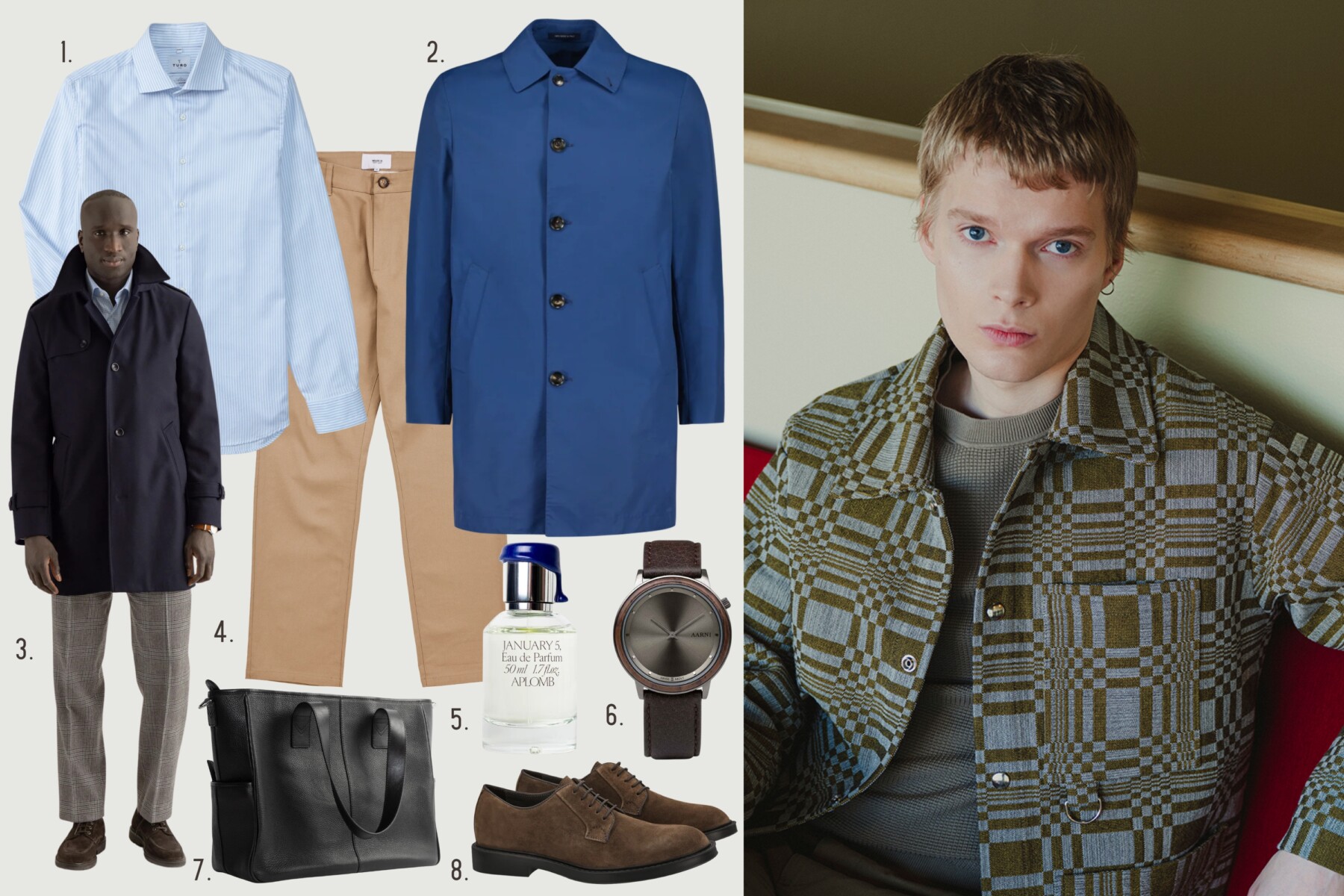 Eine Collage zeigt ein gestreiftes Hemd, eine beige Hose, einen blauen Regenmantel, eine schwarze Ledertasche, braune Derby-Schuhe, eine Uhr und einen Parfümflakon um ein männliches Model herum, neben einem Model, das eine grün-blau karierte Jacke über einem grauen Pullover mit Rundhalsausschnitt trägt.