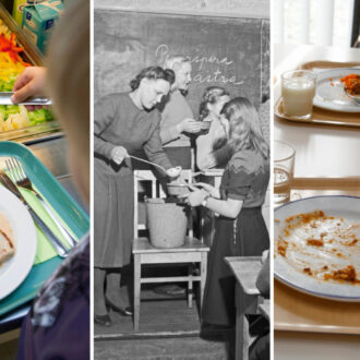 A three-panel image shows Finnish school meals across different eras. On the left, a modern school lunch tray holds boiled potatoes, a piece of fish with sauce and sliced yellow peppers. In the centre, a black-and-white archival photograph shows a woman serving food from a large metal pot to schoolchildren with a chalkboard behind them. On the right, two children eat pasta using forks and knives, with glasses of milk and water on their trays.