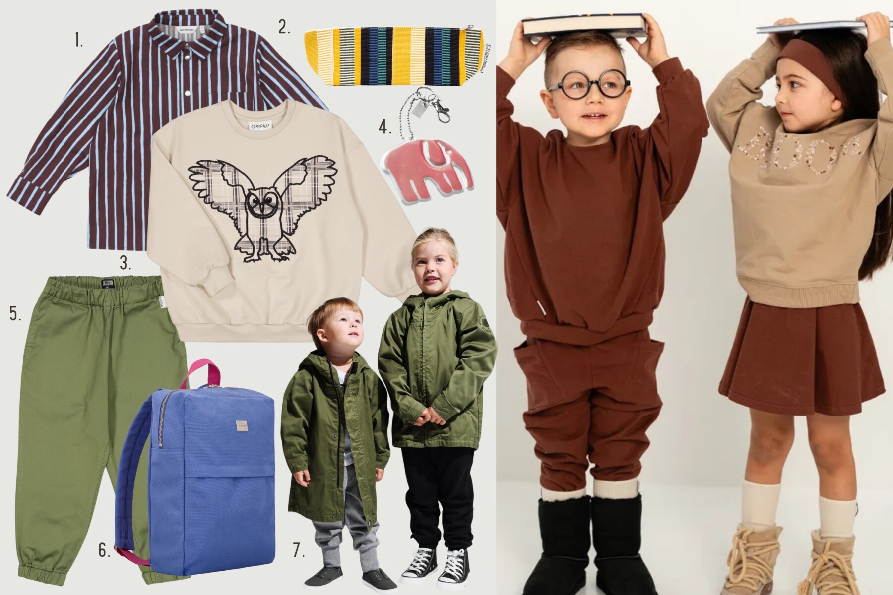 Eine Collage zeigt ein gestreiftes Hemd mit Knöpfen, ein cremefarbenes Sweatshirt mit Eulenmotiv, eine grüne Hose, eine grüne Oberbekleidung, einen blauen Rucksack, ein gestreiftes Federmäppchen und einen rosa Reflektor in Elefantenform neben zwei Kindern, die Herbstoutfits präsentieren.