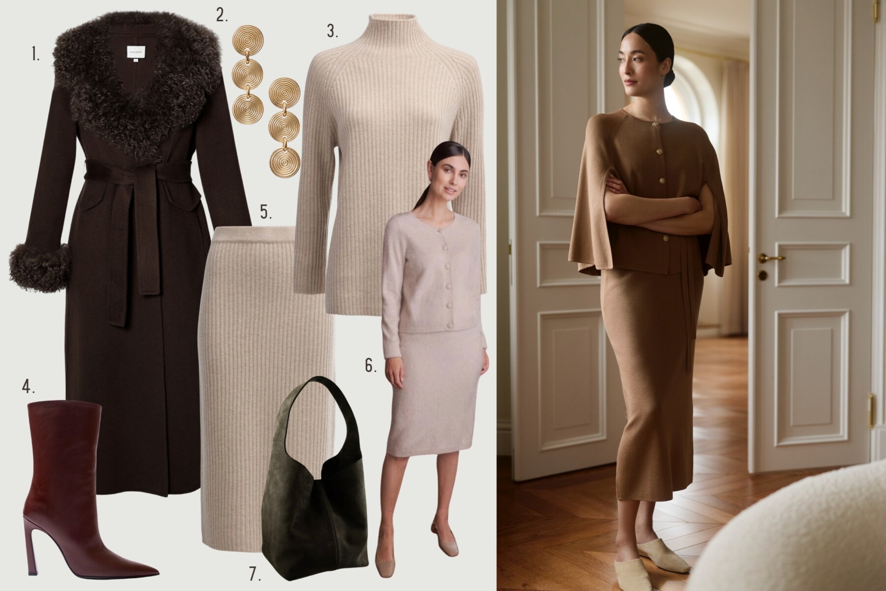 Eine Collage zeigt einen dunkelbraunen Mantel, bronzefarbene Ohrringe, cremefarbene gerippte Strickwaren, einen burgunderroten Stiefel mit spitzer Zehenpartie und eine schwarze, locker sitzende Handtasche, die um eine Frau herum angeordnet sind, die ein helles Strickoutfit präsentiert; daneben steht eine Frau, die ein braunes Oberteil mit fließenden Ärmeln und einen dazu passenden, figurbetonten Rock trägt.