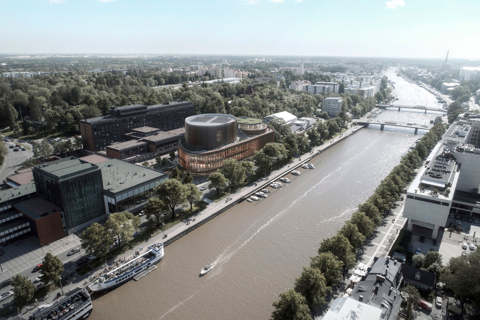 An aerial architectural rendering of a riverside in the centre of the city of Turku, with a modern concert hall in the centre of the image.
