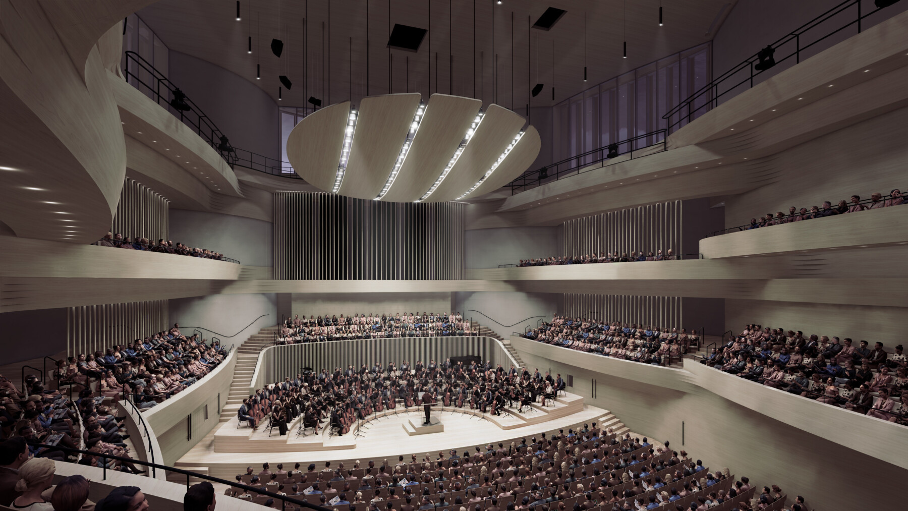 An architectural rendering showing a modern, light-coloured concert hall, with an orchestra on stage and a full audience.